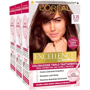 L'Oreal Paris L'Oréal Paris Tinta Permanente Excellence Creme 5.15 Marron Glace Colorazione Triplo Trattamento Copre 100% dei Capelli Bianchi Lunga Durata con Acido Ialuronico - 3 Tinte