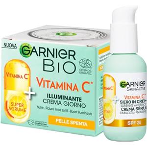 Garnier Bio Crema Giorno Vitamina C Illuminante per Pelli Spente Riduce Linee Sottili 50ml + SkinActive Siero Viso Vitamina C SPF 25 in Crema Illuminante Anti-Macchie 50ml - Set da 2