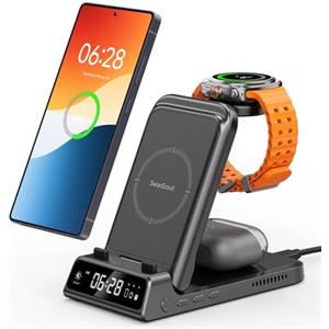 SwanScout 3 in 1 Caricatore Wireless per Samsung S26 Ultra/S26+, Stazione di Ricarica per Samsung S25/S24/S23/S22/S21, Galaxy Watch 8/8 Classic/Ultra/7/6/5/4/3, Galaxy Buds, SwanScout 703S (No Adapter)