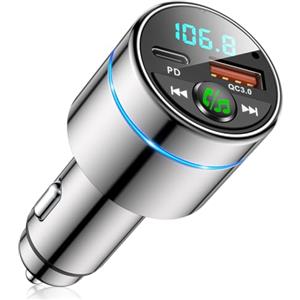 Mohard Bluetooth Auto, Trasmettitore FM Bluetooth 5.3 Design Metallico, PD 30W Tipo C & QC3.0 Caricabatterie Adattatore Amplificatori Segnale Cellulari Chiamate Vivavoce Riduzione Rumore Luce & Hi-Fi