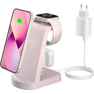 INNISTO 3 in 1 Caricatore Wireless,INNISTO 3 In 1 ricarica wireless station Compatibile Con i phone 15 14 13 12 11 Pro Max/Xs/Xr/X,Caricatore Apple Watch Ultra 9 8 7 6 5 4 3 2 SE,Airpods Pro/3/2/1 Rosa