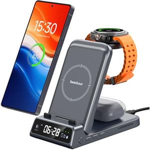 SwanScout 3 in 1 Caricatore Wireless per Samsung S26 Ultra/S26+, Stazione di Ricarica per Samsung S25/S24/S23/S22/S21, Galaxy Watch 8/8 Classic/Ultra/7/6/5/4/3, Galaxy Buds, SwanScout 703S (No Adapter)