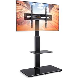 PERLEGEAR supporto TV da pavimento per TV da 30-70 pollici fino a 50 kg con inclinazione, 4 altezze di colonna, supporto TV con ripiano e base in vetro temperato, Max VESA 600x400mm, PGFS15