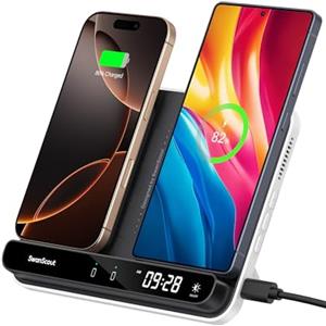 SwanScout Doppio Caricatore Wireless per 2 Telefoni, Stazione Ricarica per iPhone Air/17 Pro/17 Pro Max/17/16/15/14/13/12, Samsung Galaxy S25/S24/S23/S22, Galaxy Buds, SwanScout 504 (Black & White)