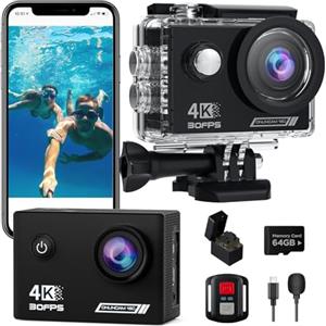 TIMNUT Action Cam 4K 30fps con 64G SD Card, 40M Fotocamera Subacquea HD WiFi 20MP Videocamera,170 ° Telecamera 4k con Stabilizzatore Telecamera Subacquea, 2 Batterie e Accessori di Montaggio