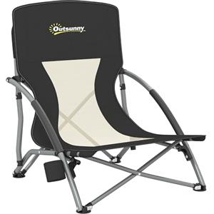 Outsunny Sedia da Spiaggia Pieghevole con Schienale a Rete, Sedia da Campeggio con Braccioli, Portabicchieri e Borsa di Trasporto, per Giardino Patio Esterno, Nero