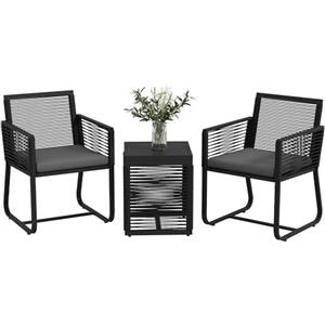 Outsunny Set da Giardino in Rattan 3 Pezzi, Salottino da Esterno con 2 Poltroncine con Cuscini Sfoderabili e Tavolino da Caffè in Vetro, Nero
