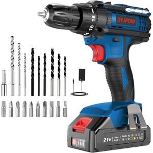 DYJPOW Trapano Avvitatore Batteria 21V, Avvitatore a Batteria con Batterie da 2.0Ah, 42N.m di Coppia, 2 Velocità, 18+1 Coppia, 22 Accessori, Luce a LED, Per il fai da te, in Casa e Giardino, Blu