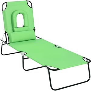 Outsunny Sedia Sdraio da Esterno Pieghevole con Foro per il Viso e Cuscini, Lettino Prendisole da Giardino, Spiaggia e Campeggio, Verde