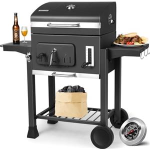 TLSUNNY Barbecue Carbonella con Coperchio, XXL Barbecue a Carbone con Termometro, Ripiani Pieghevoli, 2PCS Ruote, Grande Capacità, Griglia BBQ Carbonella in Giardino e all'aperto, Nero