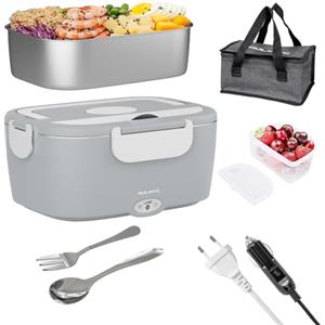 Nulmvic Scaldavivande Elettrico Portatile 75W per Auto Camion e Ufficio 12V/24V/220V - 3 in 1 Lunch Box Elettrico 1,5L Contenitore in Acciaio Inossidabile 304 con Borsa Termica (Grigio)