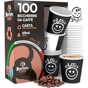 Eurocali 100 Bicchierini in Carta per caffè 65ml DownupCUP Bicchieri Ecologici Biodegradabili Monouso Piccoli Asporto Bevande Calde