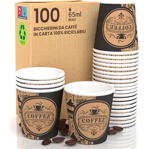 Eurocali 100 Bicchierini in Carta per caffè PubBeigeCUP Bicchieri Ecologici Biodegradabili Monouso Piccoli Asporto Bevande Calde 65 ml
