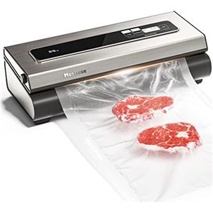 Mesliese Macchina Sottovuoto 90Kpa Precisione 6 in 1 Sistema di Conservazione degli Alimenti Sottovuoto, 2 Rotoli di Sacchetti e 5 Sacchetti Pretagliati, Modalità a Secco e Umido (Argento)