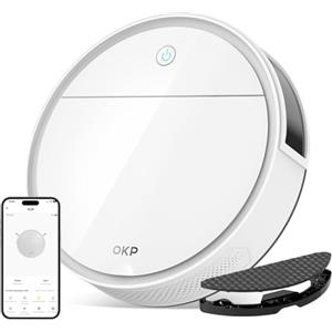 OKP K5Pro Robot Aspirapolvere, 5000Pa, 120 Minuti, 7,7cm Ultra Sottile, Anti-Groviglio, 4 Modalità di Pulizia, Ricarica Automatica, Ideale per Peli di Animali, Pavimenti Duri, Wi-Fi/App/Alexa, Bianco