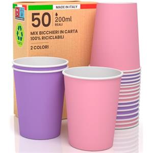 Baciato Caffè 50 Bicchieri in Carta 200ml Mix Dream Ecologici Biodegradabili Monouso Made in Italy Asporto Bevande Calde Acqua - MIX di Colori Rosa Lilla - Prodotto e Confezionato in Italia