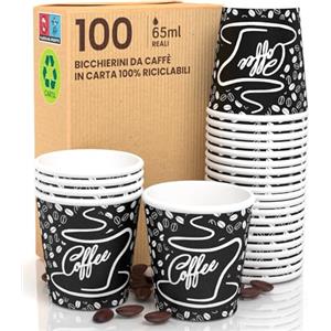Eurocali 100 Bicchierini in Carta per caffè 65ml BlackCUP Bicchieri Ecologici Biodegradabili Monouso Piccoli Asporto Bevande Calde