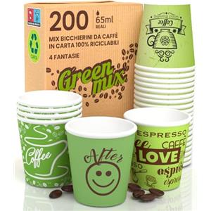 Eurocali 200 Bicchierini in Carta per caffè 65ml Green Mix Bicchieri Ecologici Biodegradabili Monouso Piccoli Asporto Bevande Calde