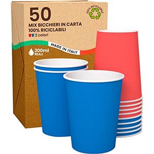 Baciato Caffè 50 Bicchieri in Carta 200ml Mix Party Ecologici Biodegradabili Monouso Made in Italy Asporto Bevande Calde Acqua - MIX di Colori Blu Rosso - Prodotto e Confezionato in Italia