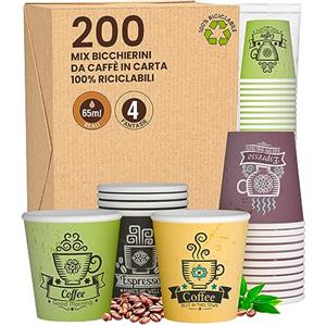 Eurocali 200 Bicchierini in Carta per caffè 65ml CuzcoCUP Mix Bicchieri Ecologici Biodegradabili Monouso Piccoli Asporto Bevande Calde