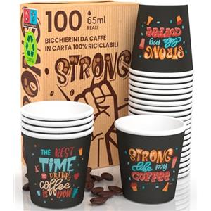 Eurocali 100 Bicchierini in Carta per caffè 65ml StrongLifeCUP Bicchieri Ecologici Biodegradabili Monouso Piccoli Asporto Bevande Calde