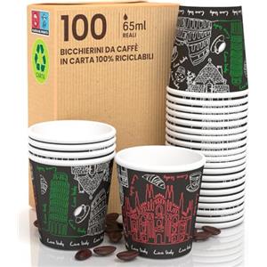 Eurocali 100 Bicchierini in Carta per caffè 65ml Italy Black Bicchieri Ecologici Biodegradabili Monouso Piccoli Asporto Bevande Calde