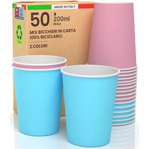 Baciato Caffè 50 Bicchieri in Carta 200ml Mix Happy Ecologici Biodegradabili Monouso Made in Italy Asporto Bevande Calde Acqua - MIX di Colori Rosa Azzurro - Prodotto e Confezionato in Italia