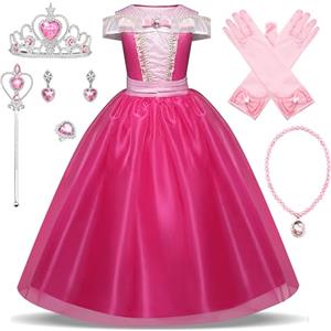 New front Bambino Travestimento La Bella Addormentata Ragazza Abiti Principessa Aurora Costumi Natale Diadema Bacchetta Vestito Carnevale Regalo di Compleanno Halloween,Rosa,140