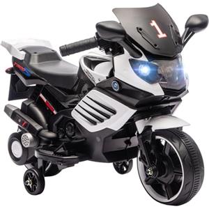 AIYAPLAY Moto Elettrica per Bambini 6V con Rotelle di Supporto Rimovibili, Moto Giocattolo per Bimbi da 18-36 Mesi con Fari e Musiche Integrate, Bianco