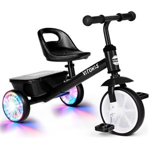 VITONIS Triciclo per bambini dai 2 anni in su, bicicletta senza pedali per bambini dai 24 mesi ai 5 anni, con due ruote illuminate a LED, regali e giocattoli per bambini e bambine, nero