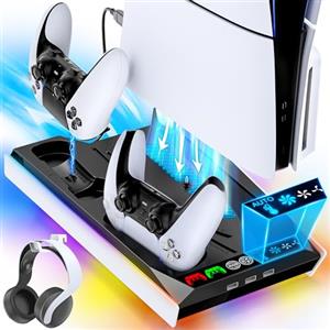 Tokluck Supporto PS5 con Ventola di Raffreddamento Automatica, Base PS5 Slim con Controllere di Ricarica PS 5, Stazione Ricarica Controller PS5 per Controllere P5 & Edge & PRO, Accessori P5/Slim