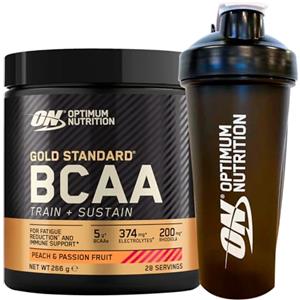 Optimum Nutrition Gold Standard BCAA Train+Sustain Aminoacidi in Polvere Pre-Allenamento Integratore con Vitamina C Zinco Magnesio Elettroliti Gusto Pesca e Passion Fruit 28 Porzioni 266g + SHAKER