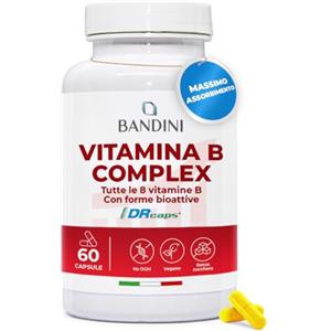 Bandini® Vitamina B-Complex DR CAPS ad Alto Dosaggio, 60 Capsule Vegane (2 mesi), Complesso Vitamine Gruppo B + Acido Folico, Biotina, PABA, Betaina, Colina, Inositolo, B complex Difese Immunitarie