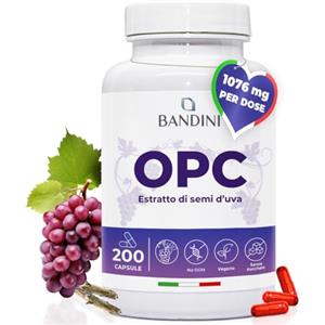 Bandini® Integratore OPC (95%) Estratto Semi d'Uva + Vitamina C, 200 capsule Vegane, OPC Puro da Uva Italiana con Contenuto più Alto Secondo HPLC, Antiossidante, Proantocianidina Oligomerica 95%
