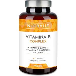 NUTRALIE Vitamina B Complesso + Vit C - Alto Dosaggio - 8 Vitamine B, C, Inositolo, Colina, PABA - Complesso Vitaminico B Completo B1 B2 B3 B5 B6 Biotina (B7) Acido Folico (B9) B12-90 Capsule Nutralie