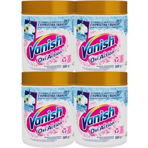 Vanish Oxi Action Bianco Splendente Smacchiatore in Polvere Lavatrice Capi Bianchi Multi Efficacia Rimuove Macchie e Odori Azione Anti-Grigio Senza Candeggina - 4 Barattoli da 500g