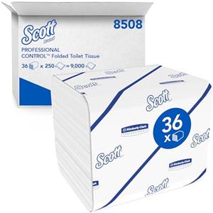 Scott Control 8508 Carta Igienica Interfogliata, 2 Veli, Bianco, 100% Materiale Riciclato, Igiene Controllata e Sostenibilità, 9000 Fogli Totali (36 Confezioni x 250)