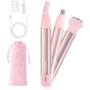 Hebeca Rasoio per peli del naso da donna, 3 in 1, per la rimozione dei peli del viso, rasoio per sopracciglia, ricaricabile, impermeabile, portatile, con borsa da viaggio