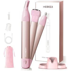 HEBECA Rasoio per peli del naso da donna, 3 in 1, ricaricabile, impermeabile, portatile, con borsa da viaggio, per tagliare naso, orecchie, sopracciglia, pesca, fuzz, labbra, mento, rosa