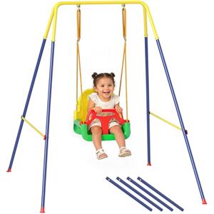 AIYAPLAY 3 in 1 Altalena da Giardino per Bambini, Altalena per Neonato da Interno e Esterno, Altezza Regolabile, Supporti in Acciaio Pieghevoli, Cintura Sicurezza, Facile Montare, 9 Mesi-8 Anni, Verde