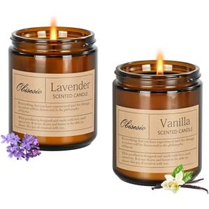 Obisesio Candele 2 Pack, Candele per la casa profumata, Aromaterapia Candela Set regalo per le donne Cera di soia Lunga durata Ambra Jar Candeles regalo per Madre San Valentino (Vaniglia e Lavanda)