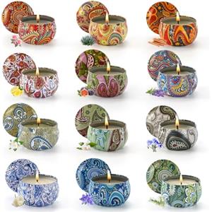 Obisesio Set Candele Profumate in Latta Decorativa - 12 Candele in Cera Naturale, Aromaterapia Relax, Scatole Colorate Riutilizzabili, Regalo Donna, Bomboniere Compleanno, Oggetti Decorativi Casa