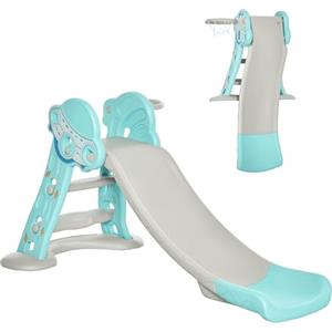 HOMCOM Scivolo per Bambini da 18 Mesi Pieghevole con 3 Scalini e Canestro Basket, Scivolo da Interno ed Esterno, 140x87x75cm, Blu e Grigio