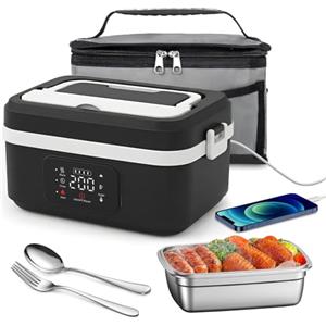 serebrant Scaldavivande Elettrico Portatile, Scaldavivande a Batteria Ricaricabile 1L Lunch Box Elettrico, Scalda Vivande per Adulti in Acciaio Inossidabile, Scaldavivande USB con Stoviglie e Borsa Termica