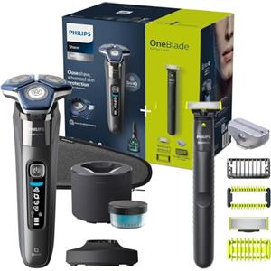 Philips Shaver Series 7000 - Rasoio elettrico Wet & Dry con tecnologia SkinIQ cromato scuro con rifinitore a scomparsa, Quick Clean Pod e cartuccia, OneBlade Philips (modelli S7887/78 e QI1864/20)