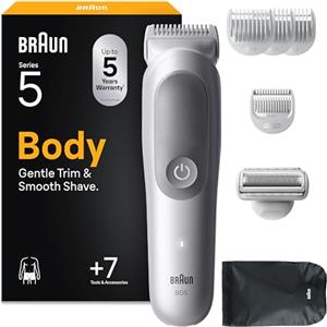 Braun Rasoio Elettrico Corpo Uomo Series 5, +7 Strumenti Cura Corpo, Con Tecnologia SkinGuard, 100 Min Autonomia, Testine SmoothShave & SensitiveTrim, Impermeabile, Rasoio Intimo Uomo, BG5555, Grigio