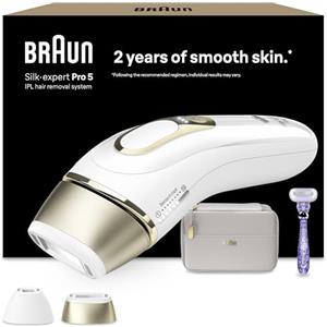 Braun Silk Expert Pro 5 Epilatore LUCE PULSATA Alternativa al laser, Ideale per Zone Sensibili, Viso, Bikini e Ascelle, 2 Accessori, Rasoio, Custodia Viaggio, Idea Regalo PL5157 Bianco e Oro