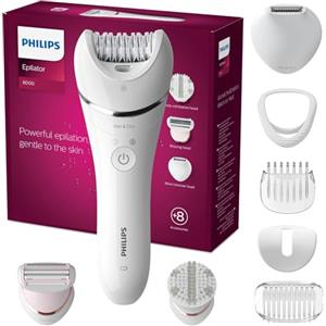 Philips Epilator Series 8000, dispositivo di epilazione Wet & Dry cordless per gambe e corpo con 8 accessori, rasoio, rifinitore ed esfoliante corpo, modello BRE735/00