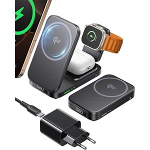 INIU Caricatore Wireless 3 in 1, 15W Certificato Qi2 Stazione di Ricarica Magnetica Pieghevole da Viaggio, Caricabatterie con MagSafe per iPhone 17/16/15/14/13/12 Serie, Apple Watch, AirPods Pro/4/3/2