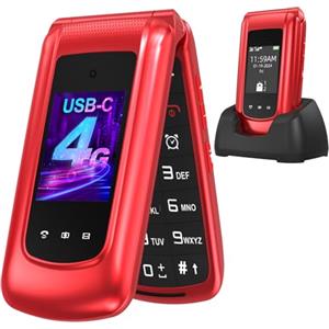 USHINING Telefono Cellulare Anziani 4G,Cellulare per Anziani Tasti Grandi a Conchiglia con Doppio Schermo da 2,4 e 1,77 Pollici Doppia SIM USB-C Pulsante SOS Base di Ricarica Volume Alto Sveglia,Rosso